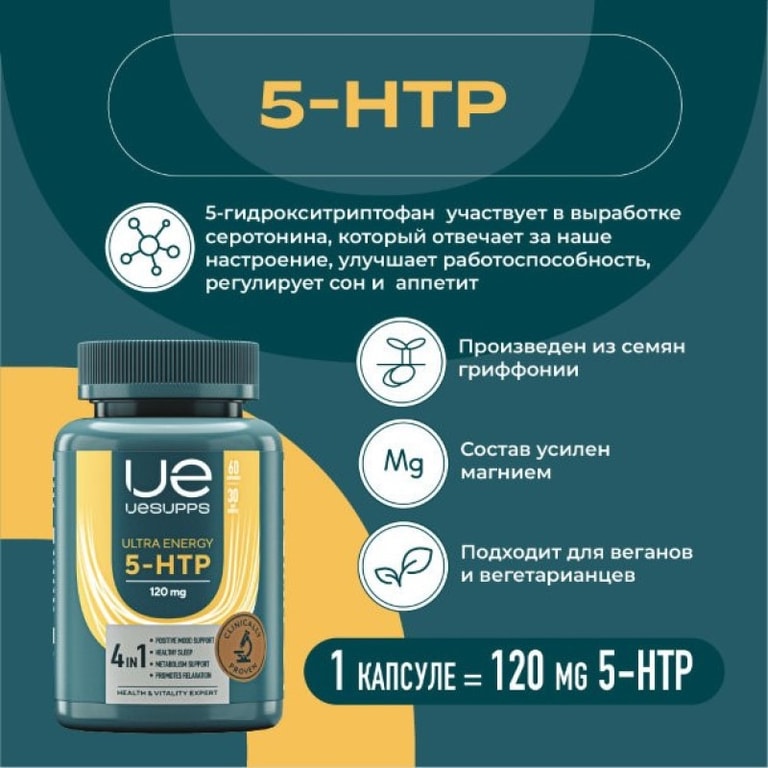 Уесаппс Ультра Энерджи 5-НТР капсулы 60 шт
