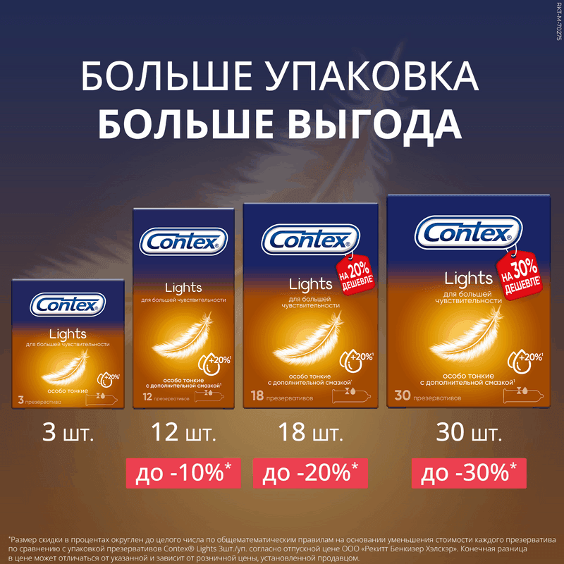 Contex Lights Презервативы тонкие с дополнительной смазкой 30 шт