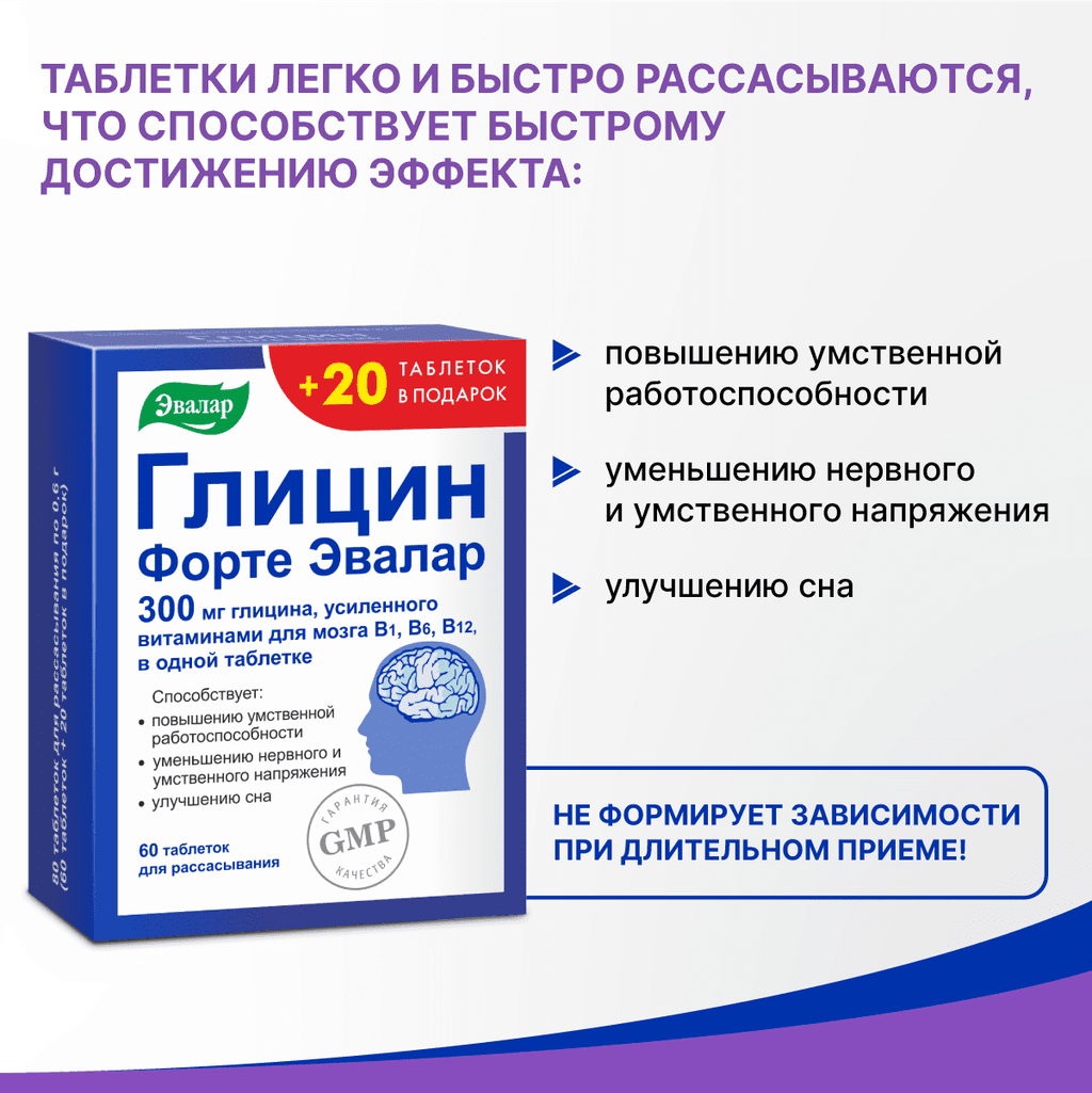 Глицин Форте Эвалар 300 мг таблетки для рассасывания 60 шт+20 шт