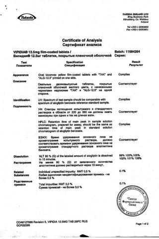 Сертификат Випидия таблетки 12,5 мг 28 шт