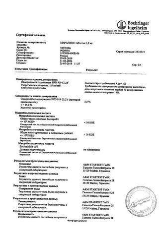 Сертификат Мирапекс таблетки 1 мг 30 шт