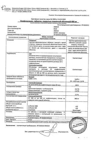 Сертификат Норфлоксацин таблетки 400 мг 20 шт