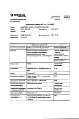 Сертификат Ацикловир-Акрихин 400 мг таблетки 20 шт