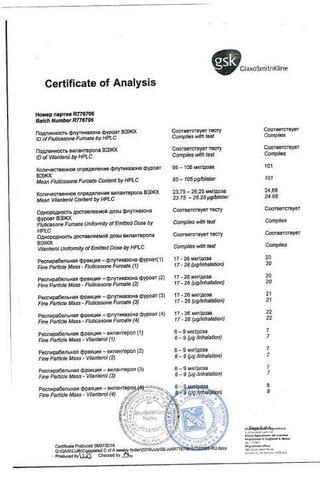 Сертификат Релвар Эллипта порошок 22 мкг+92 мкг/доза 30доз,ингалятор