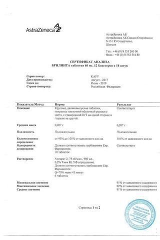 Сертификат Брилинта таблетки 60 мг 168 шт