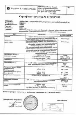 Сертификат Лозартан-Рихтер 50 мг таблетки 30 шт