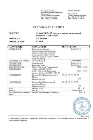 Сертификат Амоксиклав таблетки 875 мг+125 мг 14 шт