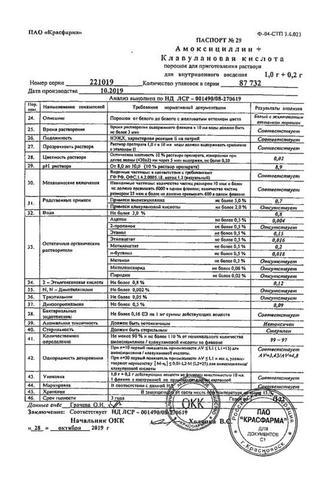 Сертификат Амоксициллин+Клавулановая кислота порошок для приготовления 1 г+0,2 г флак.1 шт