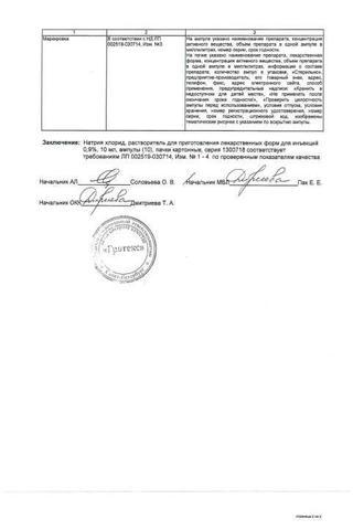 Сертификат Натрия хлорид-СОЛОфарм раствор 0,9% фл.250 мл 20 шт
