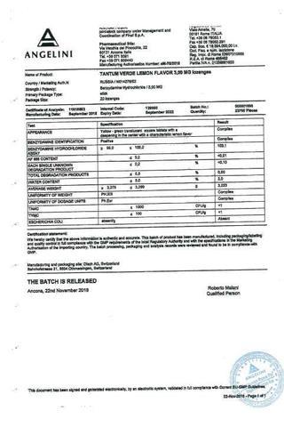 Сертификат Тантум верде таблетки для рассасывания 3 мг Лимон 20 шт