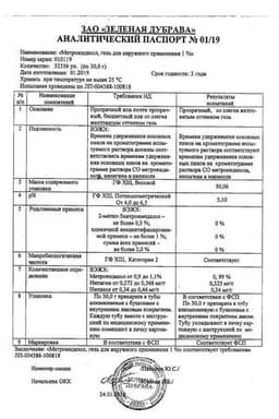 Сертификат Метронидазол 1% гель для наружного применения 30 г