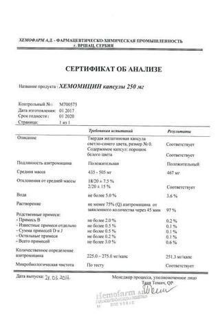 Сертификат Хемомицин капсулы 250 мг 6 шт