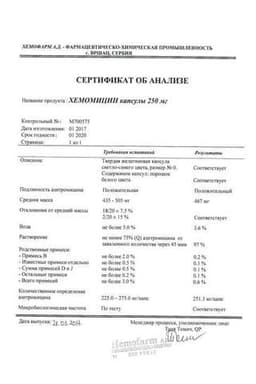 Сертификат Хемомицин 250 мг капсулы 6 шт