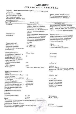 Сертификат Фексадин таблетки 120 мг 10 шт