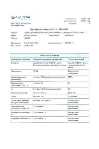 Сертификат Ацикловир-Акрихин мазь 5% туб.5 г 1 шт