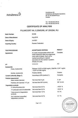 Сертификат Пульмикорт 0,25 мг/мл суспензия для ингаляций 2 мл 20 шт