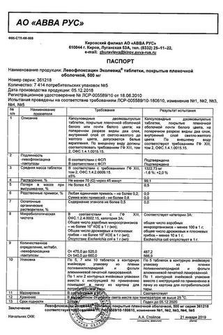 Сертификат Левофлоксацин Эколевид