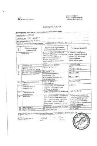 Сертификат Диклофенак суппозитории ректальные 50 мг 10 шт