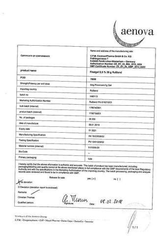 Сертификат Финалгель гель д/наруж.прим.0,5% туба 35 г
