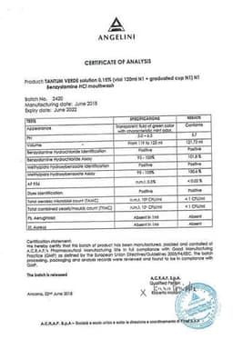 Сертификат Тантум Верде 0,15% раствор для местного применения 500 мл