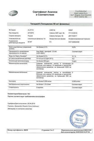 Сертификат Тигацил лиофилизат 50 мг фл.10 шт