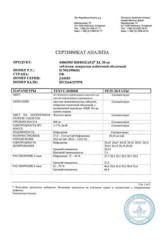 Сертификат Нифекард ХЛ таблетки 30 мг 60 шт