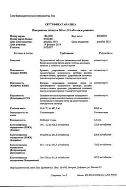Сертификат Изопринозин 500 мг таблетки 20 шт