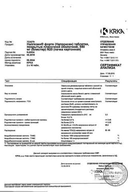 Сертификат Налгезин Форте 550 мг таблетки 20 шт