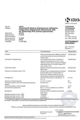 Сертификат Налгезин Форте 550 мг таблетки 10 шт