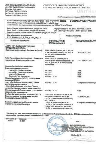 Сертификат Детралекс суспензия для приема внутрь 1000 мг/10 мл 10 мл 30 шт