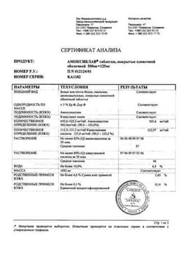 Сертификат Амоксиклав 500 мг+125 мг таблетки 15 шт