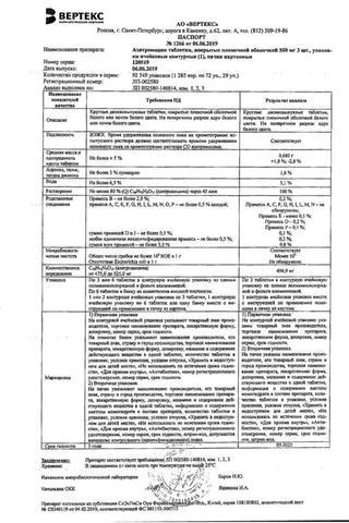 Сертификат Азитромицин-ВЕРТЕКС