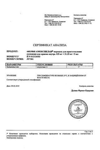 Сертификат Амоксиклав порошок для приема 250 мг+62,5 мг/5 мл фл.15,8 г с пипеткой