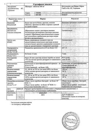 Сертификат Магнерот таблетки 500 мг 20 шт