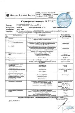 Сертификат Гроприносин 500 мг таблетки 30 шт