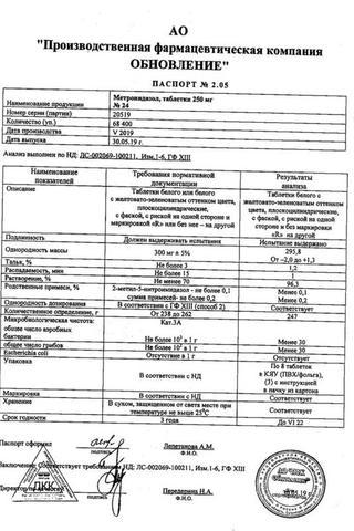Сертификат Метронидазол Реневал таблетки 250 мг 24 шт