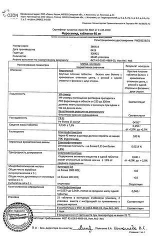 Сертификат Фуросемид таблетки 40 мг 50 шт