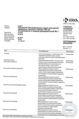 Сертификат Пиковит сироп для детей 150 мл