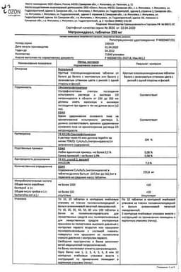 Сертификат Метронидазол 250 мг таблетки 20 шт