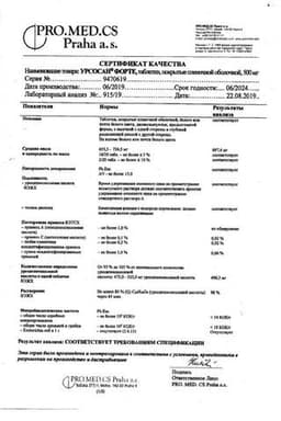 Сертификат Урсосан Форте 500 мг таблетки 100 шт