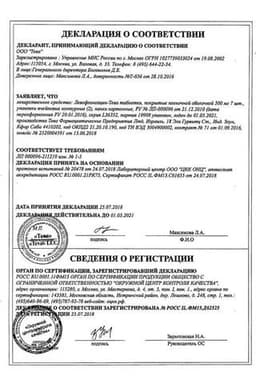 Сертификат Левофлоксацин-Тева 500 мг таблетки 14 шт