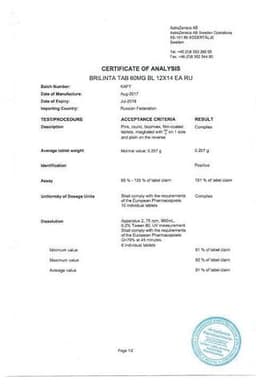 Сертификат Брилинта 60 мг таблетки 168 шт