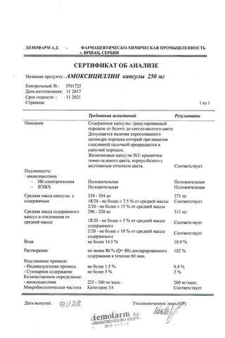 Сертификат Амоксициллин капсулы 250 мг 16 шт