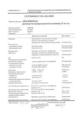 Сертификат Диклофенак 25 мг/мл раствор для инъекций 3 мл 5 шт