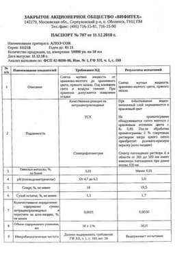 Сертификат Алоэ сок 50 мл