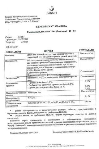 Сертификат Гипотиазид таблетки 25 мг 20 шт