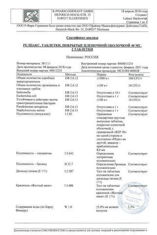 Сертификат Релпакс таблетки 40 мг 2 шт