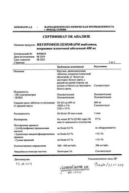 Сертификат Ибупрофен-Хемофарм 400 мг таблетки 30 шт