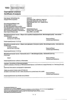 Сертификат Цинктерал-Тева 124 мг таблетки 25 шт