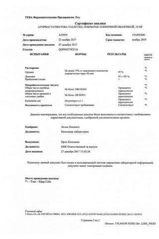 Сертификат Аторвастатин-Тева